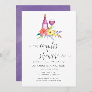 Invitation Aquarelle Floral Couples Douche Dégustation de vin