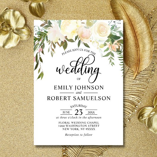 Invitation Aquarelle Floral Crème rose Mariage ivoire