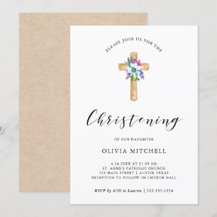 Invitation Aquarelle Floral Cross Kraft Look Christine