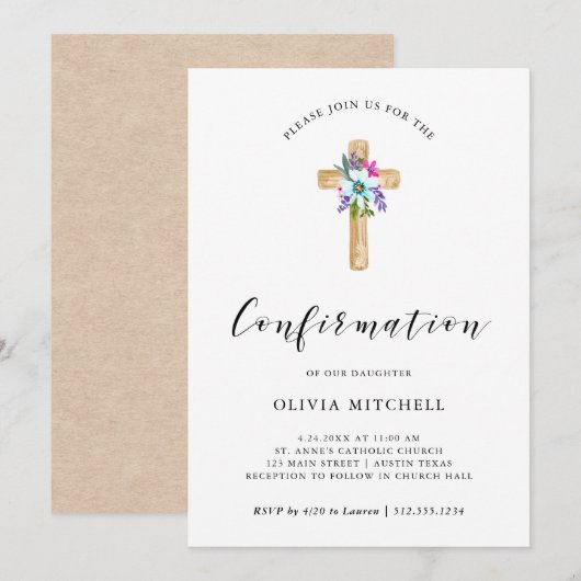 Invitation Aquarelle Floral Cross Kraft Look | Confirmations (Devant / Derrière)