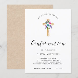 Invitation Aquarelle Floral Cross Kraft Look Confirmations