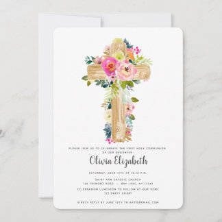 Invitation Aquarelle Floral Cross Première communion