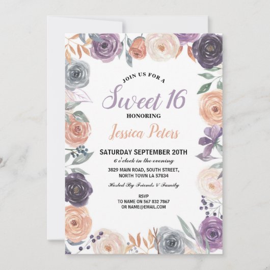 Invitation Aquarelle Floral Doux 16 Fleurs de Partie Violet (Devant)