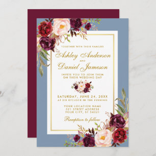 Invitation Aquarelle Floral Dusty Bleu Bourgogne Mariage or