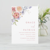 Invitation Aquarelle Floral Dusty Bleu et Mariage de pêche (Debout devant)