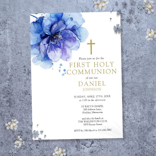 Invitation Aquarelle Floral Dusty Bleu Première Sainte Commun