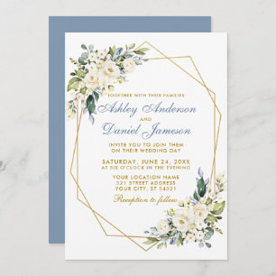 Invitation Aquarelle Floral Dusty Blue Geo Mariage cadre