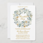 Invitation Aquarelle Floral Dusty Blue Hanoukka Party Gold (Devant)