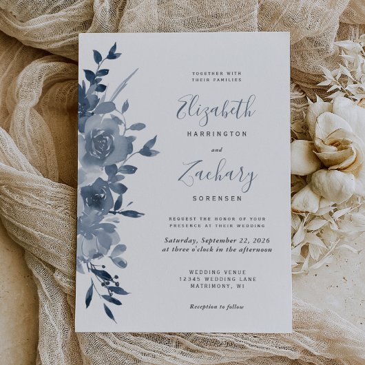Invitation Aquarelle Floral Dusty Mariage bleu