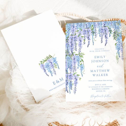 Invitation Aquarelle Floral Dusty Mariage bleu