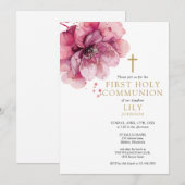 Invitation Aquarelle Floral Dusty Rose Première Sainte Commun (Devant / Derrière)