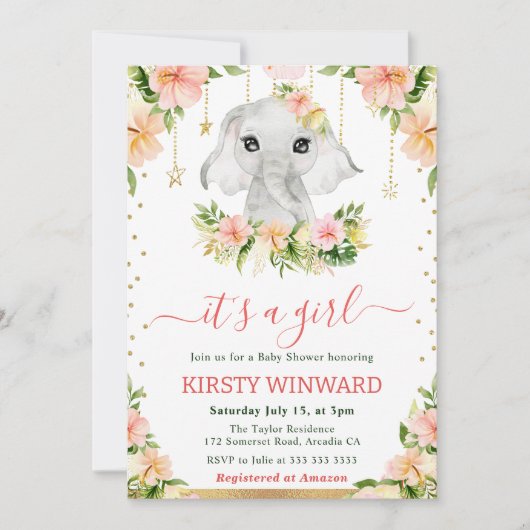 Invitation Aquarelle Floral Elephant Baby shower fille (Devant)