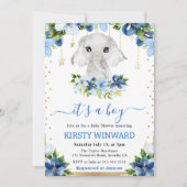Invitation Aquarelle Floral Elephant Baby shower garçon (Devant)