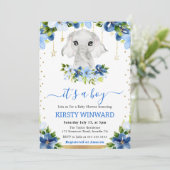 Invitation Aquarelle Floral Elephant Baby shower garçon (Debout devant)