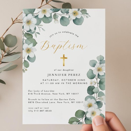 Invitation Aquarelle Floral Eucalyptus Vert Baptême
