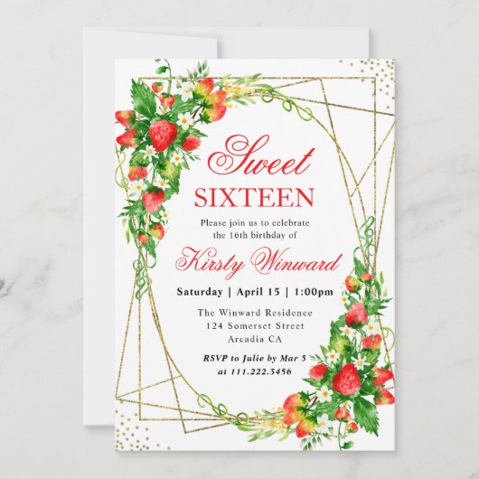 Invitation Aquarelle Floral Fraises Or Frame Sweet 16 (Devant)
