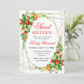 Invitation Aquarelle Floral Fraises Or Frame Sweet 16 (Debout devant)