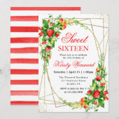 Invitation Aquarelle Floral Fraises Or Frame Sweet 16 (Devant / Derrière)