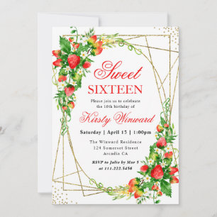 Invitation Aquarelle Floral Fraises Or Frame Sweet 16