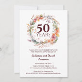 Invitation Aquarelle Floral Garland rouge foncé 50e Mariage (Devant)