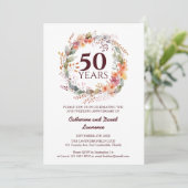Invitation Aquarelle Floral Garland rouge foncé 50e Mariage (Debout devant)
