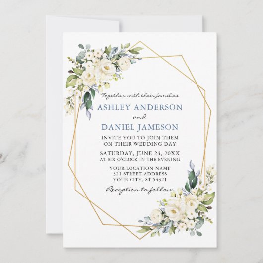 Invitation Aquarelle Floral Geo Frame Dusty Blue Mariage (Devant)