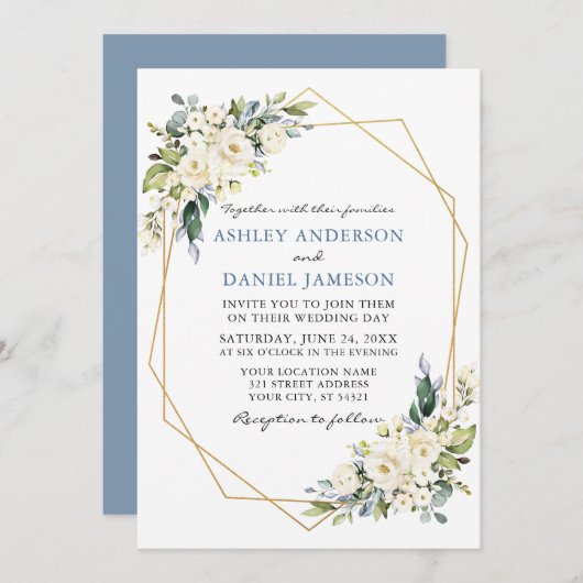 Invitation Aquarelle Floral Geo Frame Dusty Blue Mariage (Devant / Derrière)