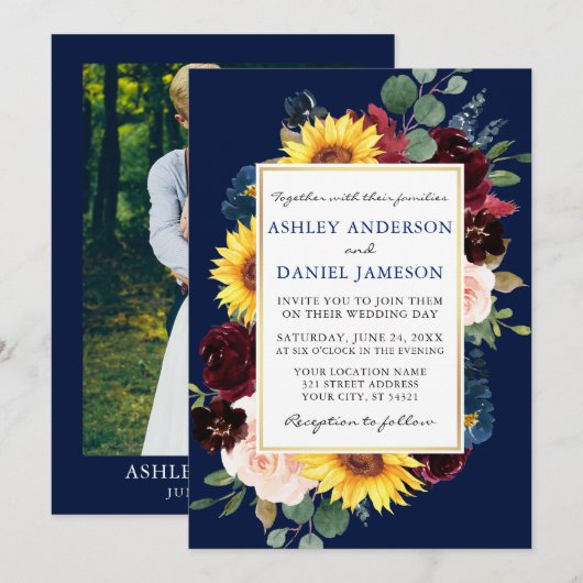 Invitation Aquarelle Floral Gold Blue Photo Mariage (Devant / Derrière)