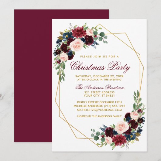 Invitation Aquarelle Floral Gold Christmas Party (Devant / Derrière)