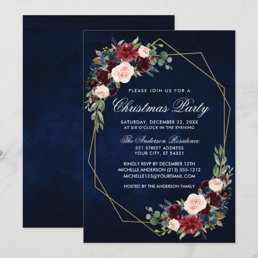 Invitation Aquarelle Floral Gold Frame de Noël bleu (Devant / Derrière)