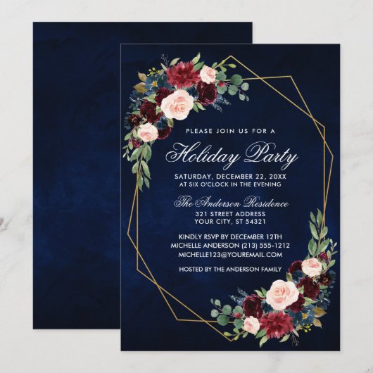 Invitation Aquarelle Floral Gold Frame Fête Fête Bleu (Devant / Derrière)