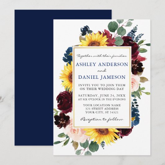 Invitation Aquarelle Floral Gold Frame Mariage bleu (Devant / Derrière)