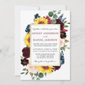 Invitation Aquarelle Floral Gold Frame Mariage Bourgogne (Devant)