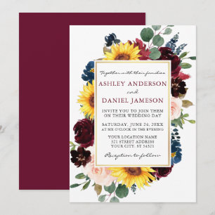 Invitation Aquarelle Floral Gold Frame Mariage Bourgogne