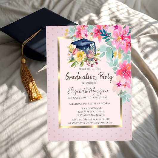 Invitation Aquarelle Floral Grad Casquette Dots Grad Grad Gra