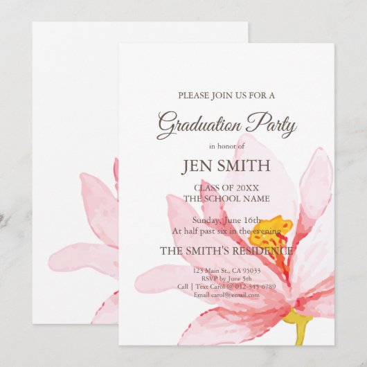 Invitation Aquarelle Floral Graduation Party Invitation. (Devant / Derrière)