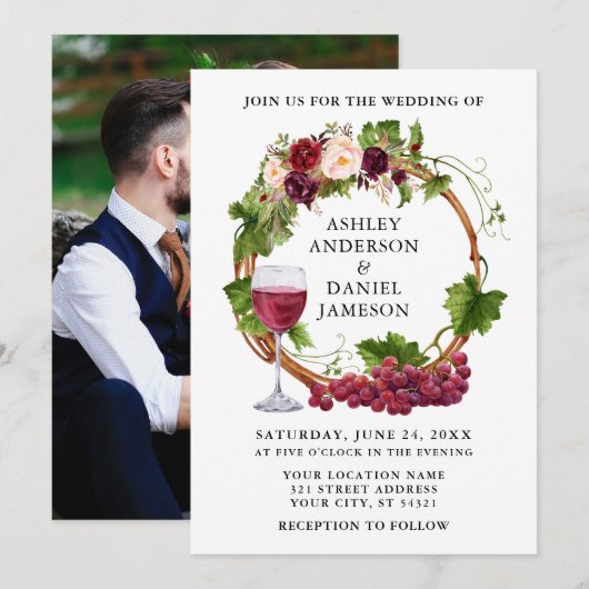 Invitation Aquarelle Floral Graphe Vins Wreath Photo Mariage (Devant / Derrière)