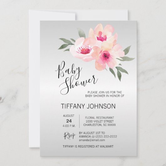 Invitation Aquarelle Floral Gris rose Baby shower (Devant)