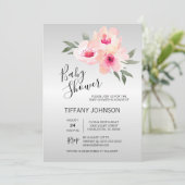 Invitation Aquarelle Floral Gris rose Baby shower (Debout devant)