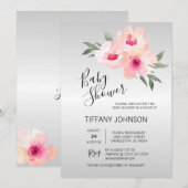 Invitation Aquarelle Floral Gris rose Baby shower (Devant / Derrière)