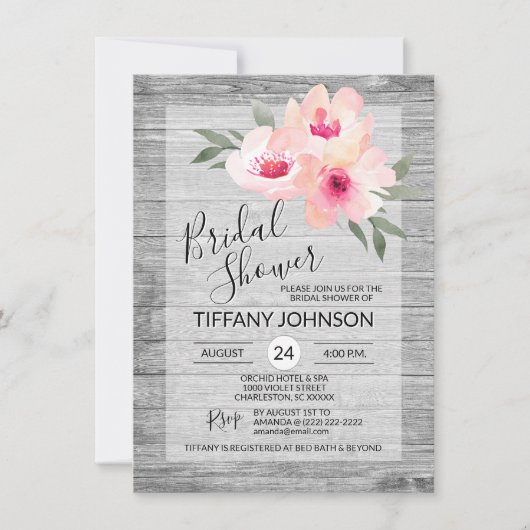 Invitation Aquarelle Floral Gris rose Fête des mariées rustiq (Devant)