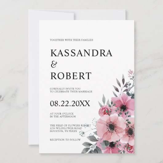Invitation Aquarelle Floral gris rose Mariage d'anémone (Devant)