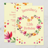 Invitation Aquarelle Floral Heart Wreath Girl 12e anniversair (Devant / Derrière)