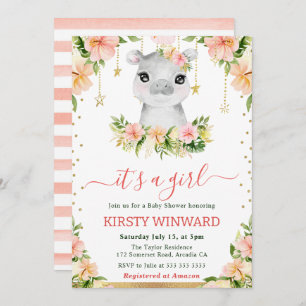 Invitation Aquarelle Floral Hippo Baby shower fille