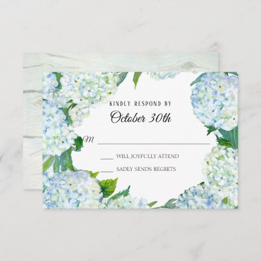 Invitation Aquarelle Floral Hydrangea Bleu Blanc Bois Rustiqu (Devant / Derrière)
