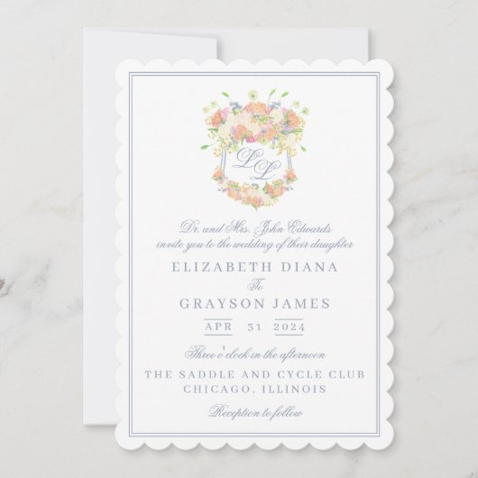 Invitation Aquarelle Floral Jardin Crest Deux initiales (Devant)