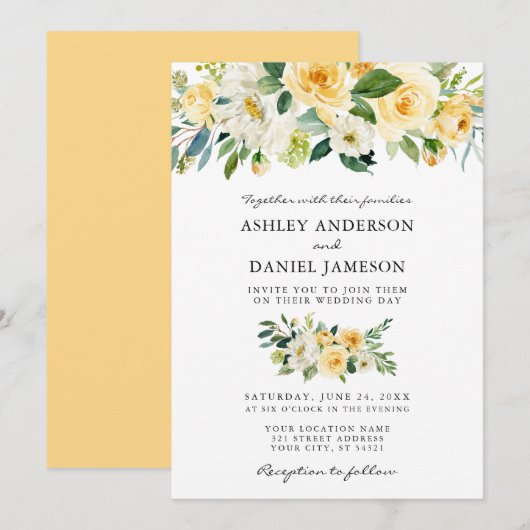 Invitation Aquarelle Floral Jaune Mariage de verdure (Devant / Derrière)