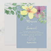 Invitation Aquarelle Floral Jaune violet Dusty Mariage bleu (Devant / Derrière)