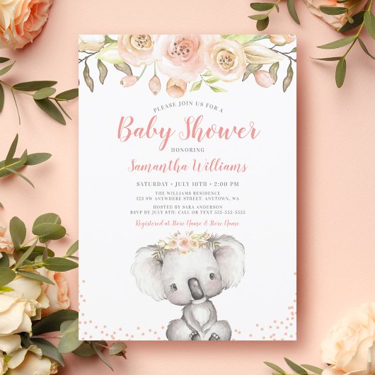Invitation Aquarelle Floral Koala Girl Baby shower