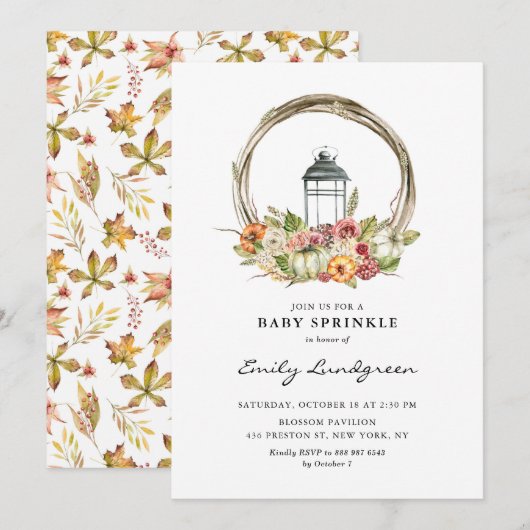 Invitation Aquarelle Floral Lanterne Wreath Baby Sprinky (Devant / Derrière)